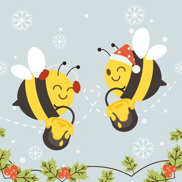 A couplelove bee holding a tank of honey and wear christmas costume in flat vector style. 
