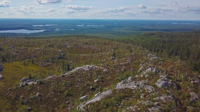 Aerial view of the mysterious Vottovaara mountain in Karelia, Russia. Summer