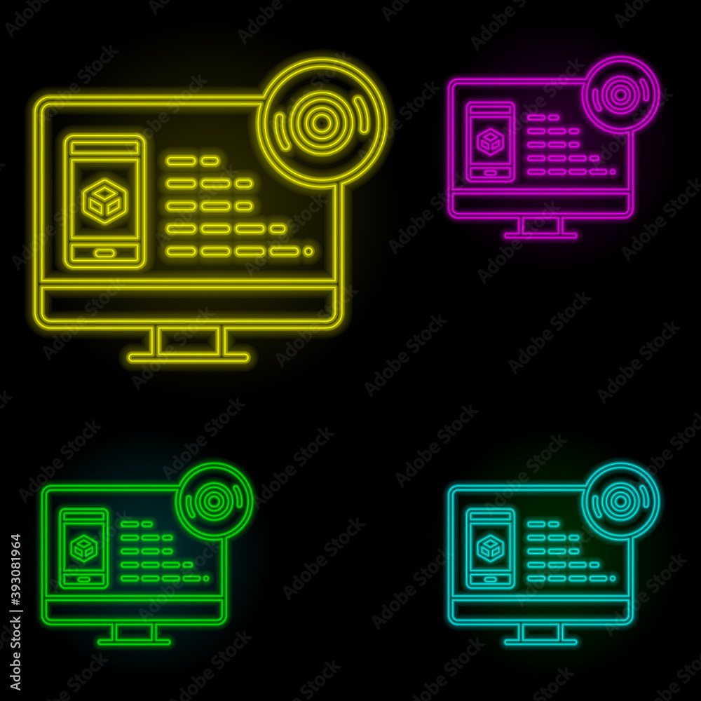 Poster augmented reality, mobile, disk neon color set icon. simple thin line, outline vector of augmented r