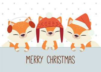 The character of cute fox with friends with label in flat vector style. Illustration about fox with christmas ,winter theme.