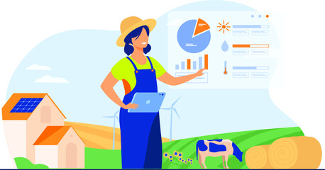 happy female farmer working farm feed population flat vector illustration cartoon farm with automation technology. © Lucky Designs