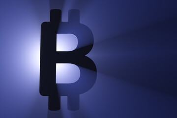 Bitcoin symbol silhouette. Blue spotlight in background.