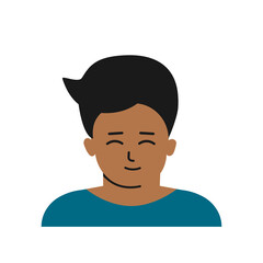 Vector flat isolated illustration with portrait of cartoon character. Avatar of Asian little boy. He has brunette hair, slightly dark skin. Cute Korean guy is smiling. White background
