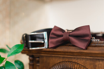 Businessman accessories. Men's Accessories : Men's bowtie and belt. Grooms Set