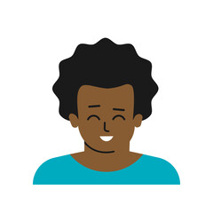 Vector flat isolated concept with avatar of cartoon character. Close up portrait of african american boy with curly hair, dark skin, white teeth. Ethiopian little man smiles. White background