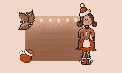 Illustration with a girl in an elf costume. Santa Claus helper.