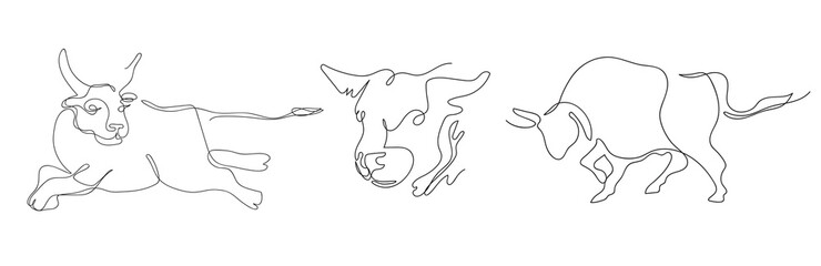 Bulls are drawn in one line. Set of illustrations. Continuous line.