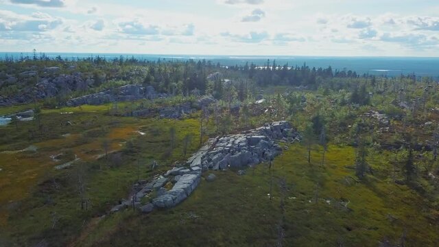 Aerial view of the mysterious Vottovaara mountain in Karelia, Russia. Summer