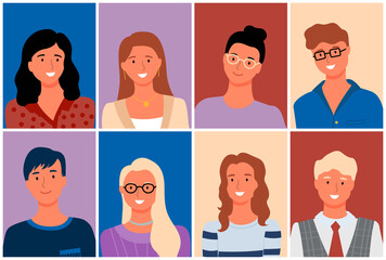 People smiling vector, secretary wearing glasses, business worker with grey hair, man and woman posing, friendly characters human with spectacles