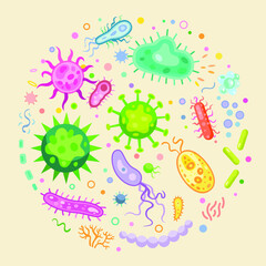 pathogen microorganisms set. Bacterial microorganism in a circle. Bacteria and germs colorful set,micro-organisms disease-causing,bactery cell cancer germ,bacteria,viruses,fungi, protozoa,probiotic.