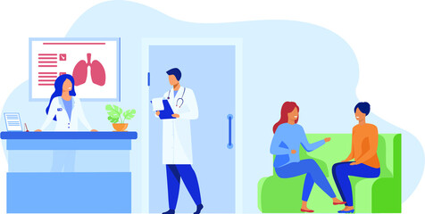 People sitting in hospital corridor and waiting for doctor. Patient, clinic, visit flat vector illustration. Medicine and healthcare concept for banner, website design or landing web page
