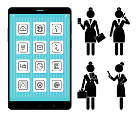 Mobile phone applications navigation communication icons set, business conversation concept. Big phone screen and business woman talking on a telephone, modern interaction technologies flat design