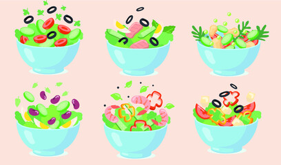 salad bowls set cut green vegetables with eggs olives cheese beans shrimps vector illustrations fresh food healthy eating appetizer lunch