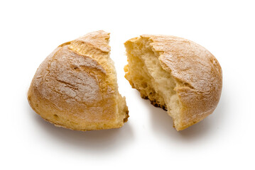 small empty loaf broken in two halves isolated with shadow on white background
