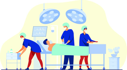 surgeons team surrounding patient operation table flat vector illustration cartoon medical workers preparing surgery medicine technology concept.