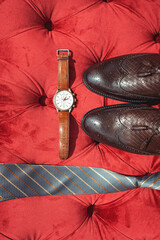 Businessman accessories. Men's Accessories : Men's tie, brown shoes and watch. Grooms Set