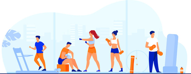 athletes doing fitness exercise gym with panoramic windows isolated flat vector illustration cartoon people cardio training weight lifting.