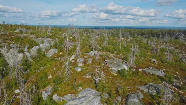 Aerial view of the mysterious Vottovaara mountain in Karelia, Russia. Summer