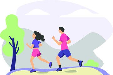 couple practicing trail run training. People jogging outdoors. Vector illustration for runners, aerobic fitness, health, life style, sport activity concept. people in the park