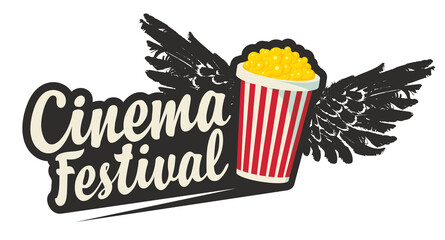 Cinema festival logo with calligraphic inscription and full popcorn bucket with black wings. Vector illustration, flyer, invitation, ticket, banner, poster, web page, label, design element or icon