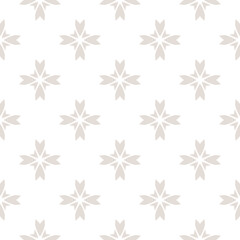 Vector floral texture. Geometric seamless pattern with small flower silhouettes, crosses. Simple abstract background. Subtle ornament in light beige and white color. Repeat design for decor, wallpaper
