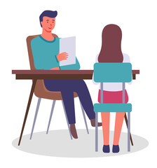 Interview in office. Young friendly man sits at table with document or resume interviews young girl, back view. Interviews, hiring, interviewing, office meeting. Employees, colleagues. Flat image