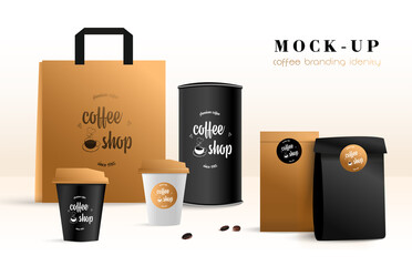 Realistic vector packaging coffee set. Packages, shopping bags, disposable coffee cup, takeaway packages on the table.Isolated blank mockup template for presentation and advertising.
