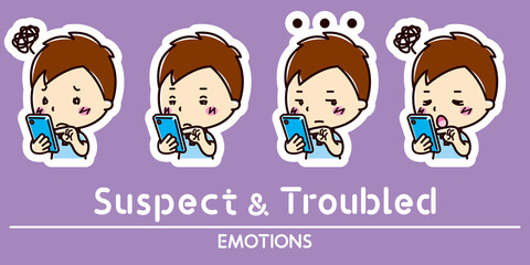 スマホと男性の表情セット / 疑う / 困る