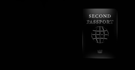 Second passport in the dark with glowing writing, black background, 3d rendering