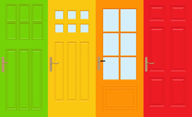 Colorful front doors to houses and buildings set in flat design style isolated, vector illustration.