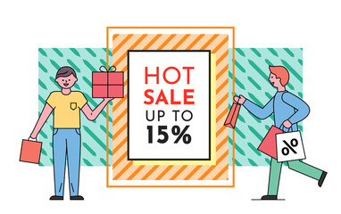 Sale banner with a happy people with shopping bags near advertising poster with lettering hot sale up to 15 . Smiling men store buyers with purchases, discount shopping time, new season sale poster