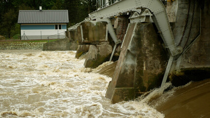 Flood river flooding Morava water, weir sluice spate, hydro-electric power station hydroelectric, dam flowing barrage gush jet flush bubbles water-gate flow, floodgate stream electricity waterfall