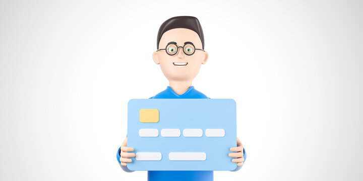 Cartoon man in blue shirt hold big bank credit card over white background.