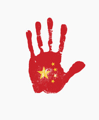 Human handprint in the colors of the Chinese flag. Creative vector design element isolated on a light background. Abstract flag of China in the form of a red palm print with yellow stars