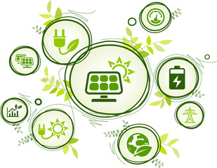 solar energy / solar power vector illustration. Concept with connected icons related to photovoltaic technology, solar cells or panel, renewable energy.