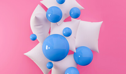 The concept of a pajama party. White pillows fly on a pink background. 3D rendering.