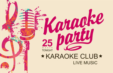 Music poster for karaoke party with an abstract bright microphone, treble clef and calligraphic inscription on a light background. Vector flyer, invitation, banner or ticket