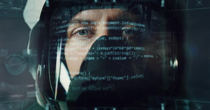 Cinematic shot of astronaut is using futuristic protective helmet with latest innovative sophisticated technology control panel with augmented immersive reality holograms while orbiting in spaceship.