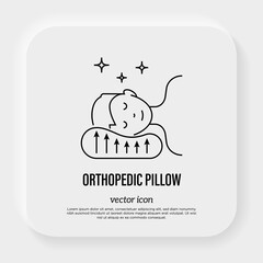 Orthopedic pillow: comfortable position for sleep. Insomnia treatment. Thin line icon. Vector illustration.