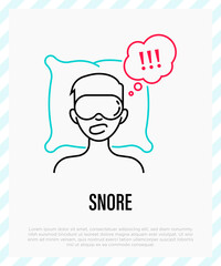 Man is sleeping on pillow in eye mask and snoring. Thin line icon. Vector illustration.
