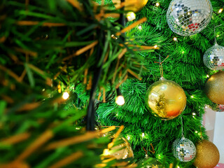 Christmas ball hanging on pine branches with a festive background