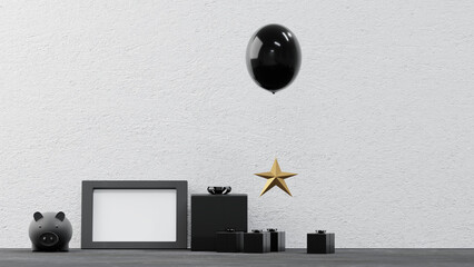 Black Friday mockup for Sale with empty picture frame and gift decoration on black desk and white wall background. Dark minimal with Desk workspace in office.  3d render.