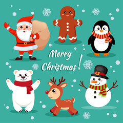 Set of cute cartoon characters. Santa Claus, deer, snowman, penguin, polar bear, gingerbread cookie. Illustration for Christmas and New Year holidays