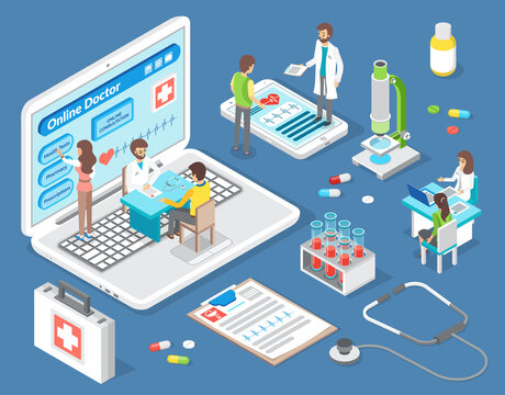 Online doctoral consultation. Large cartoon laptop, doctor takes patient, woman is making appointment. First aid. Prescription, stethoscope, test tubes, flasks, microscope. Consultation via smartphone