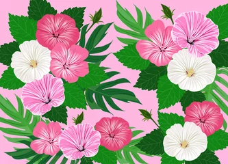 Tuinposter Tropical flowers hibiscus orange red purple green leaves seamless pattern white background. Exotic fabric wallpaper illustration © Amornrat