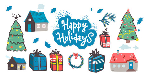 Christmas greetings set with isolated decorative winter objects - christmas tree, toys, gift boxes, garlands, xmas trees, houses on white background. doodle background