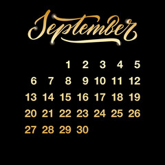 Vector illustration of September 2021 calendar leaf for banner, poster, greeting card, shop advertisement, souvenirs, calendar design. Golden numbers with handwritten lettering on black background
