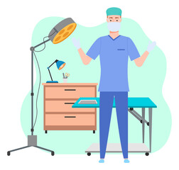 Male surgeon or veterinarian in uniform and mask standing with arms up near sectional table, floor-mounted operational light. Table lamp and medical instrument on cupboard. Green shapeless background