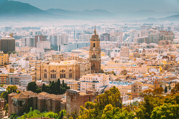 Obraz premium Malaga, Spain. Cityscape Elevated View. Cathedral Of Malaga Is A Renaissance Church