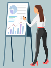 Lady boss making notes on board with statistical data information. Vector graphs and charts, back view of sexy woman presenting report, join to her team